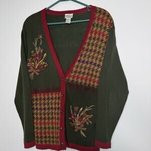 Napa Valley Women’s Cardigan Sweater Small Green Houndstooth Floral Embroidered